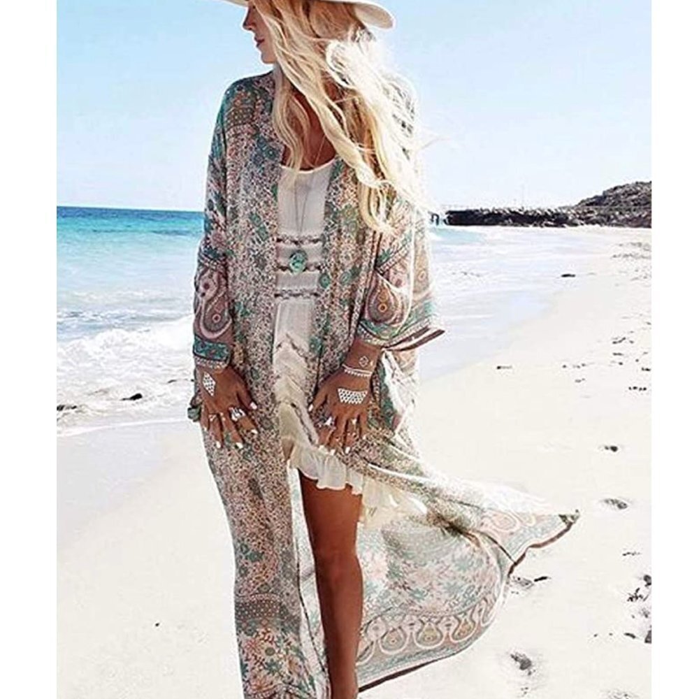 Boho Green Paisley Print Long Kimono Duster Cardigan Bikini Swim Coverup